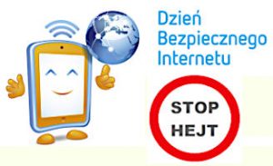 logo Dnia Bezpiecznego Internetu, tablet z kulą ziemską, znak zakazu z napisem stop hejt