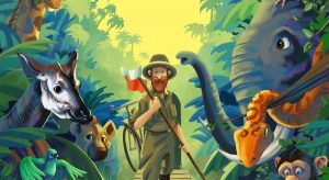 Ilustracja z książki Łukasza Wierzbickiego "Afryka Kazika". Podróżnik w dżungli wśród dzikich zwierząt.