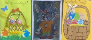 Trzy kolorowe kartki wielkanocne przedstawiające królika i koszyczki wielkanocne na szarym tle