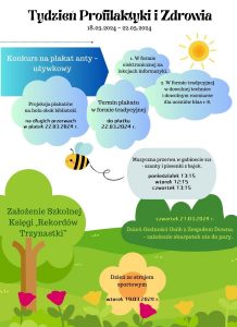 Czarny napis Tydzień Profilaktyki i Zdrowia na białym tle poniżej zółte słoneczko, , zielone drzewa i zólto-czarna pszczółka,pomiędzy nim niebieskie chmurki w środku których informacje o tygodniu